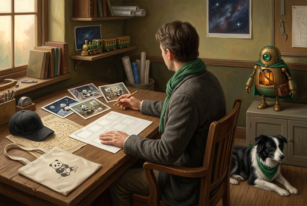 An imaginative portrait of G-Bear’s founder developing stories and artwork in a fictional creative workshop