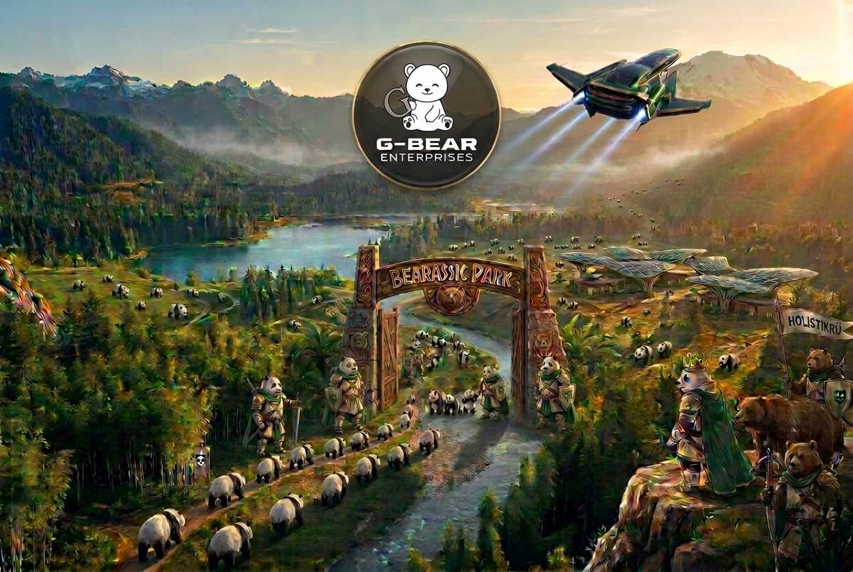 Bearassic Park hero with a refined white G-Bear logo and level smile