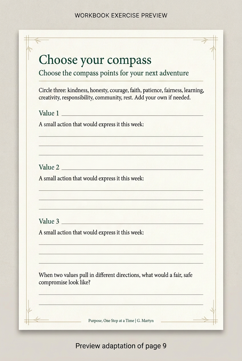 Choose your compass: adult values reflection exercise. Gallery preview adapted from page 9 of Purpose, One Step at a Time by G. Martyn.