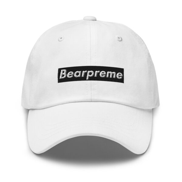 WHITE TEXT BLACK BOX ON WHITE BEARPREME HAT