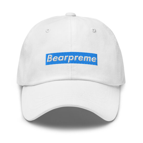 WHITE TEXT BLUE BOX ON WHITE BEARPREME HAT