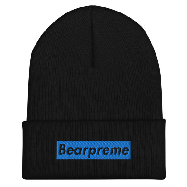 BLACK TEXT BLUE BOX ON BLACK BEARPREME BEANIE