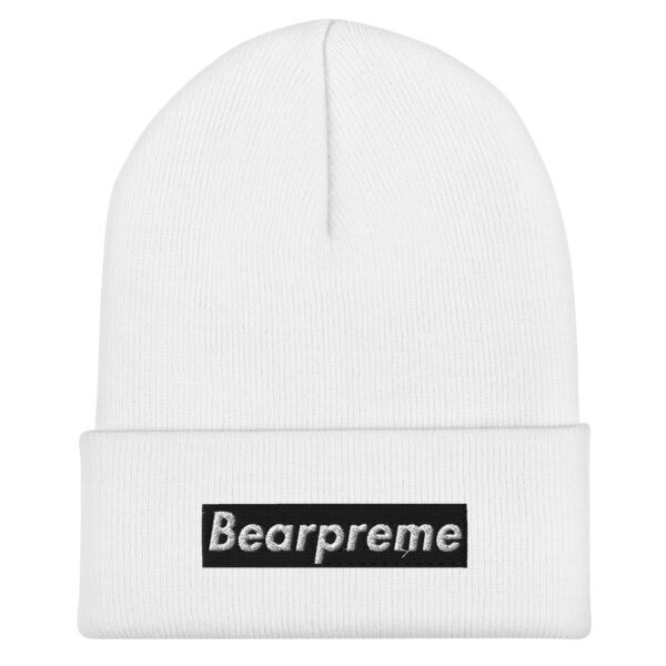 WHITE TEXT BLACK BOX ON WHITE BEARPREME BEANIE