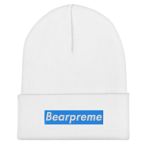 WHITE TEXT BLUE BOX ON WHITE BEARPREME BEANIE