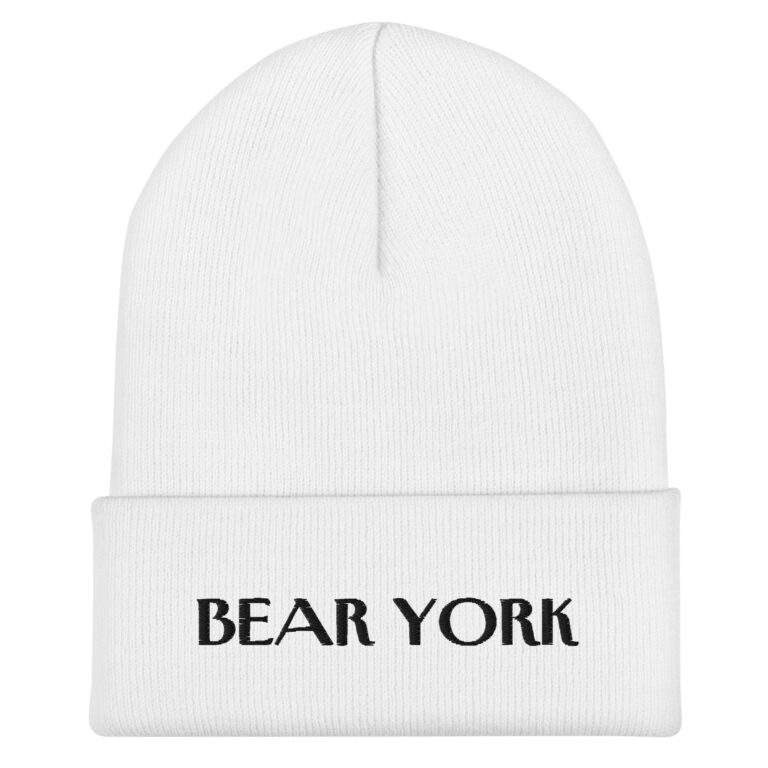 BLACK EMBROIDERED TEXT ON WHITE BEAR YORK BEANIE