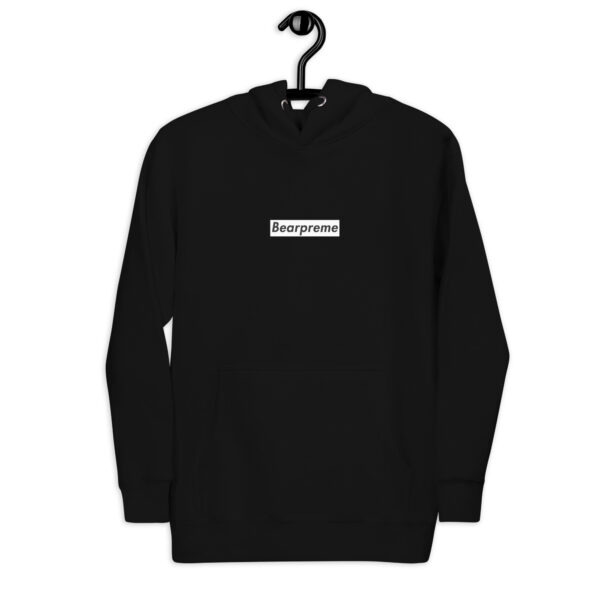 BLACK TEXT WHITE BOX ON BLACK BEARPREME HOODIE