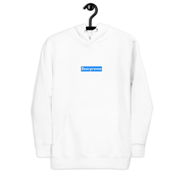 WHITE TEXT BLUE BOX ON WHITE BEARPREME HOODIE